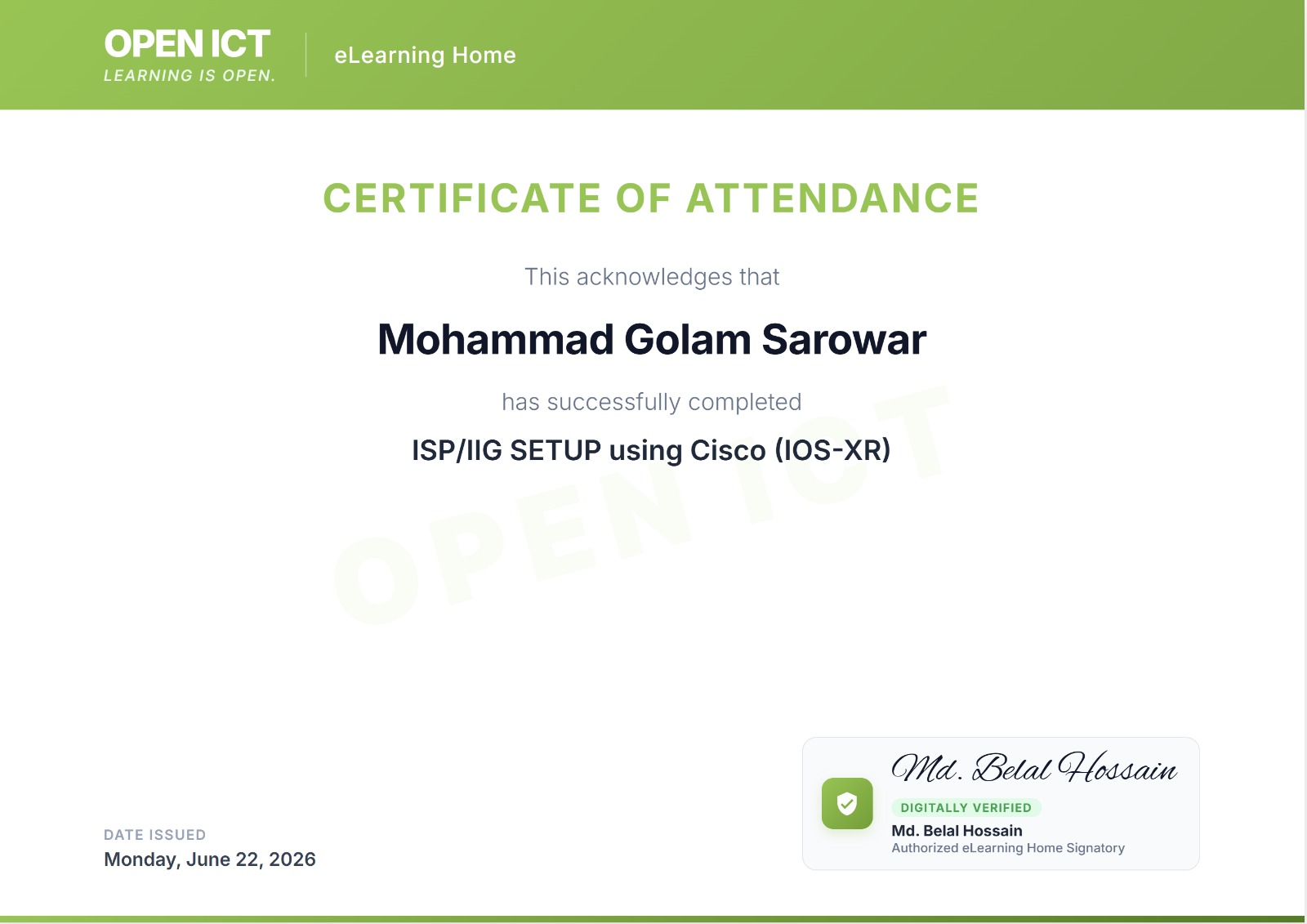 ISP/IIG Setup using Cisco (IOS-XR) — Certificate of Attendance