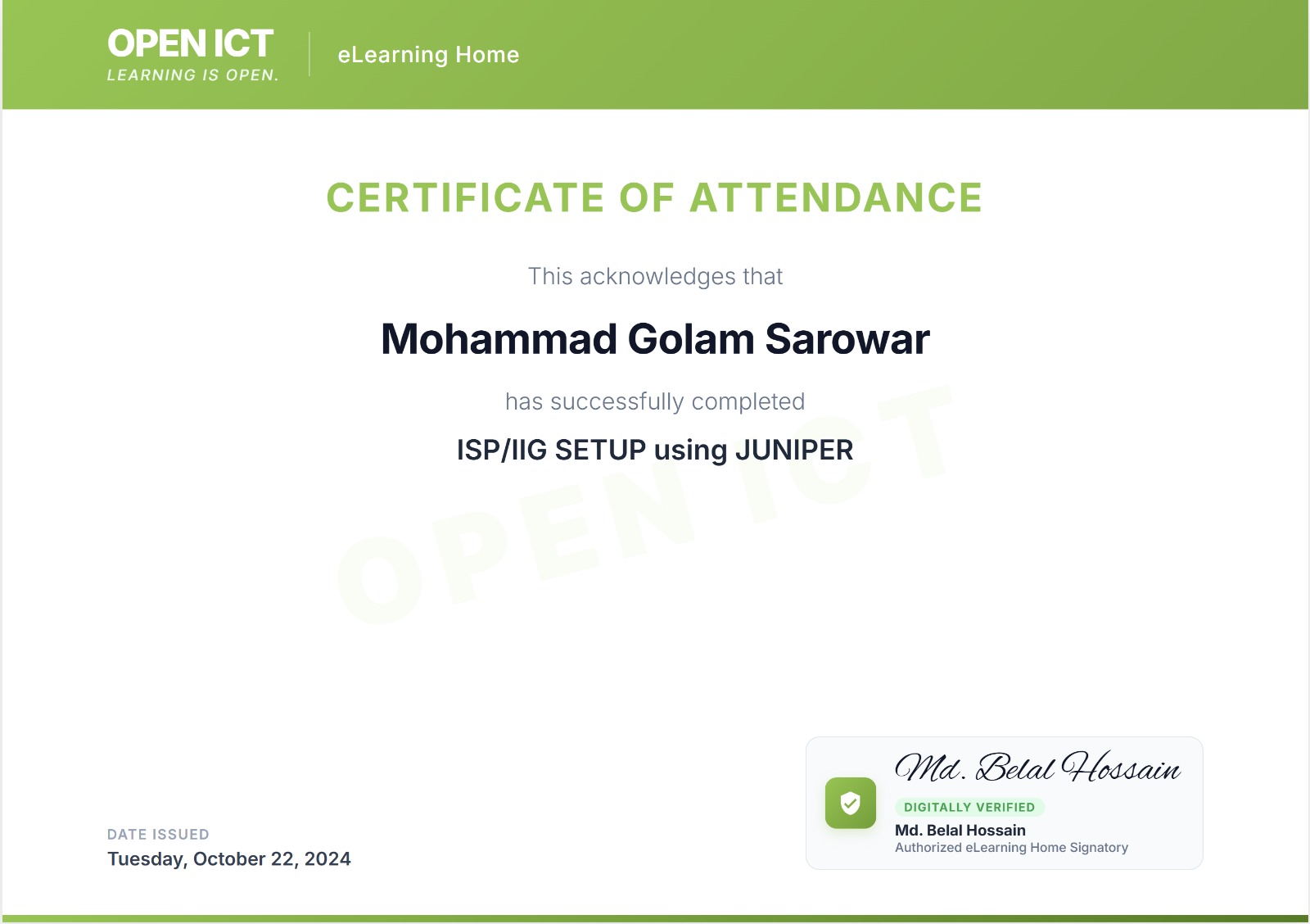 ISP/IIG Setup using Juniper — Certificate of Attendance